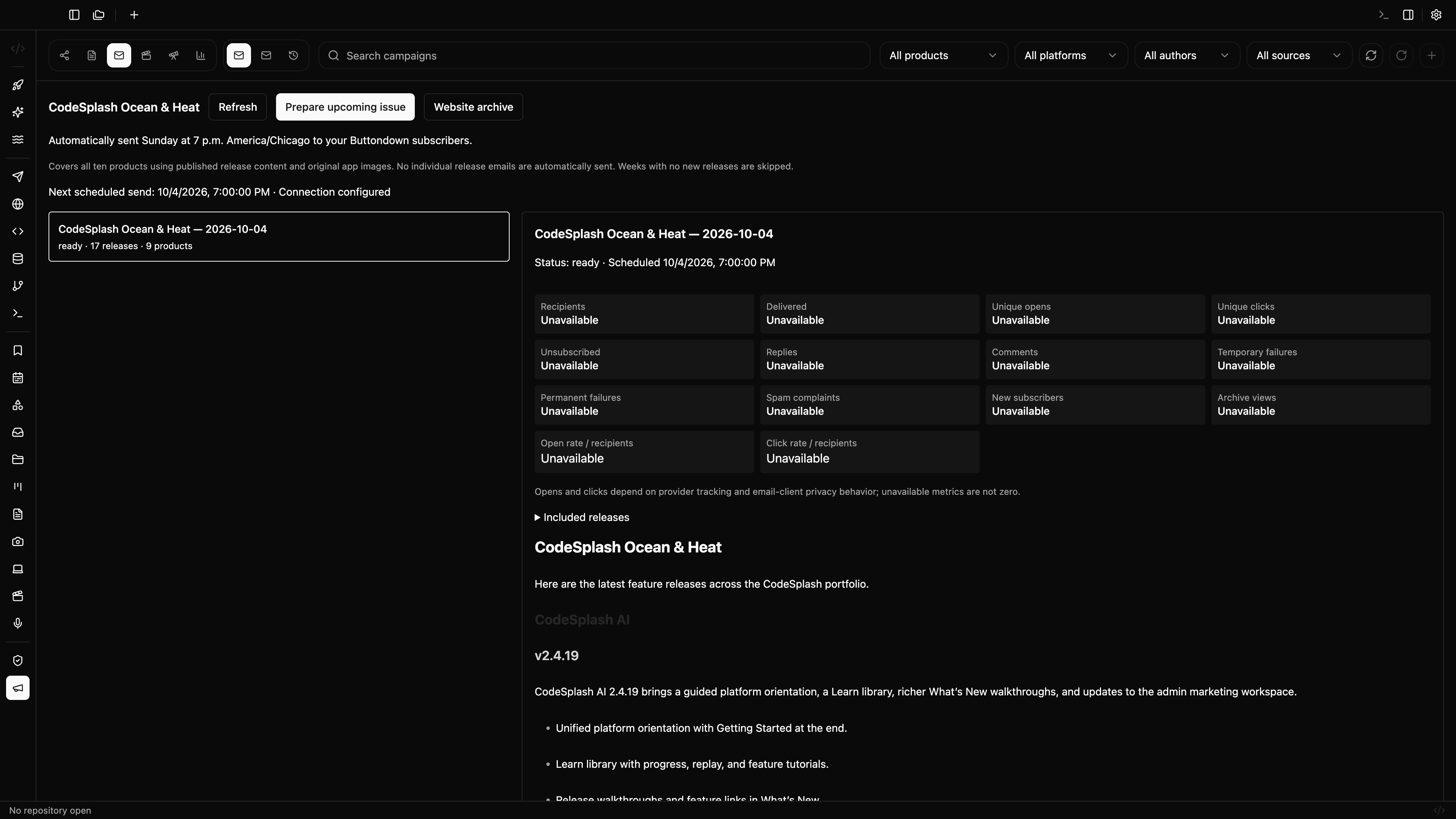 Review the weekly newsletter schedule — CodeSplash Ocean & Heat newsletter workflow