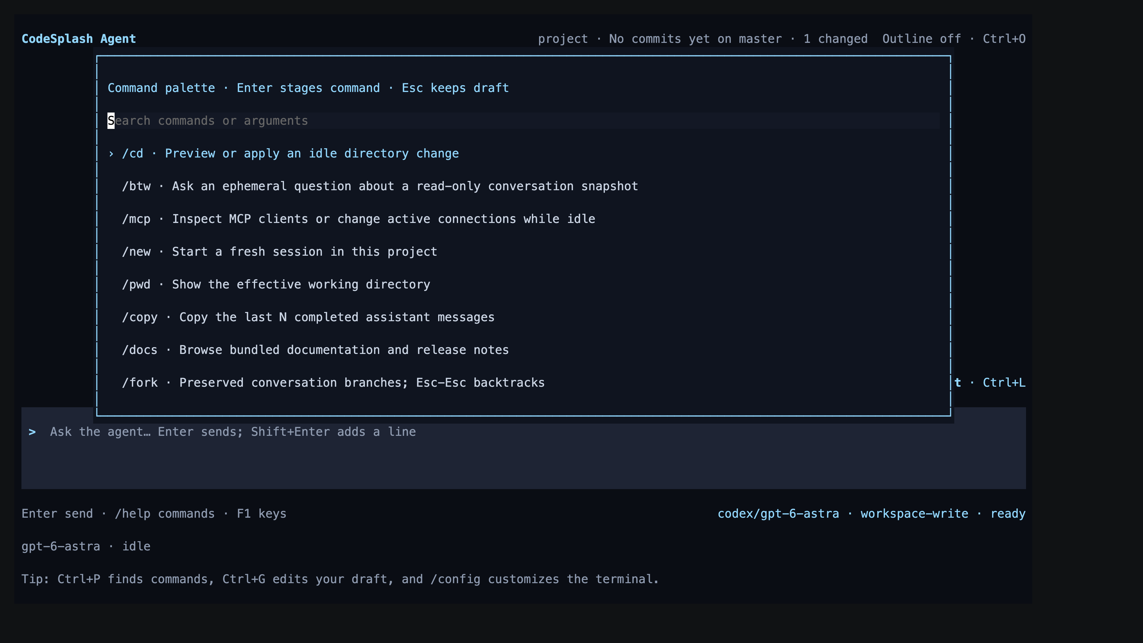 Find Agent commands from the live command palette in CodeSplash Agent