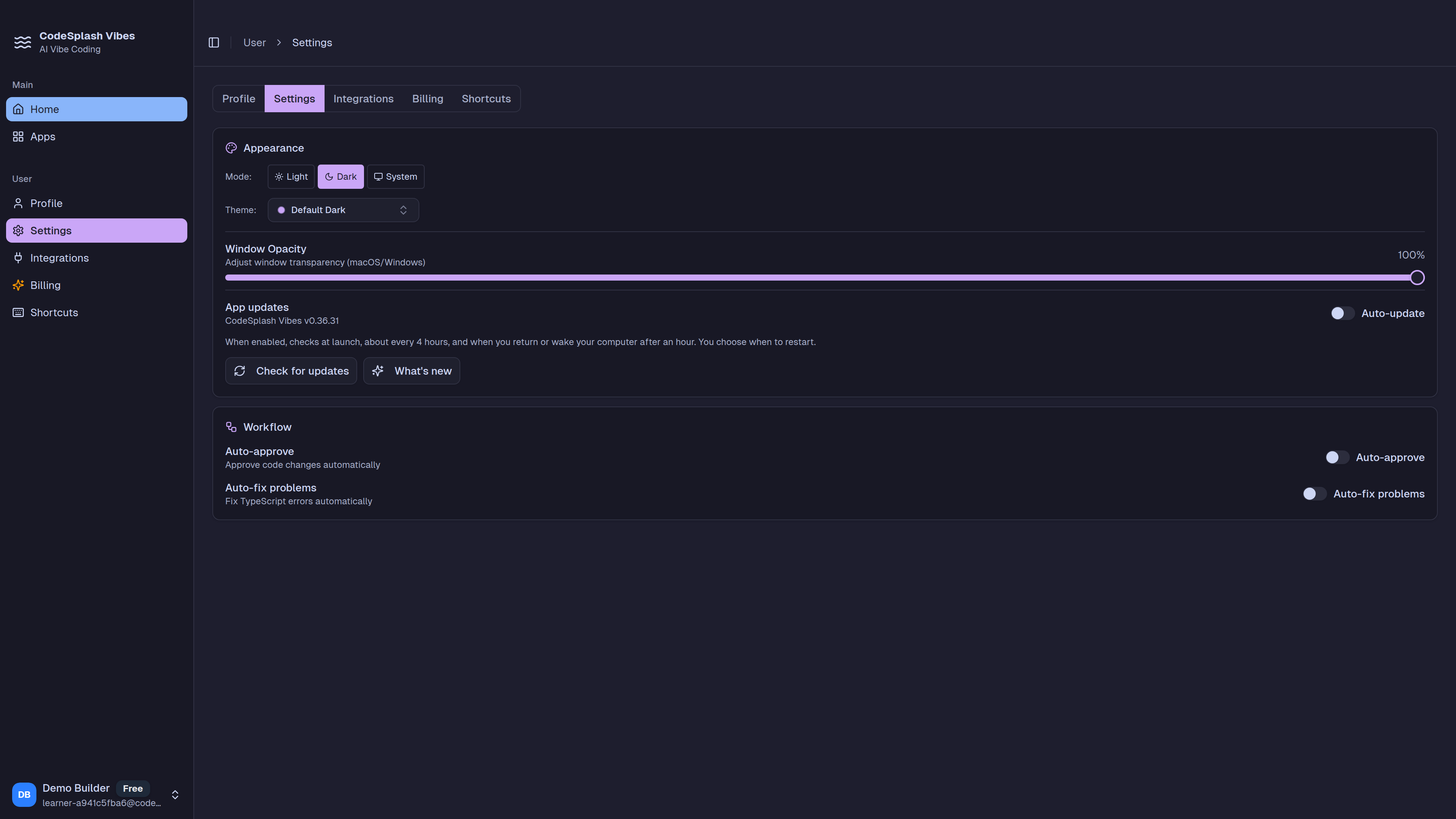 vibes: settings and update controls