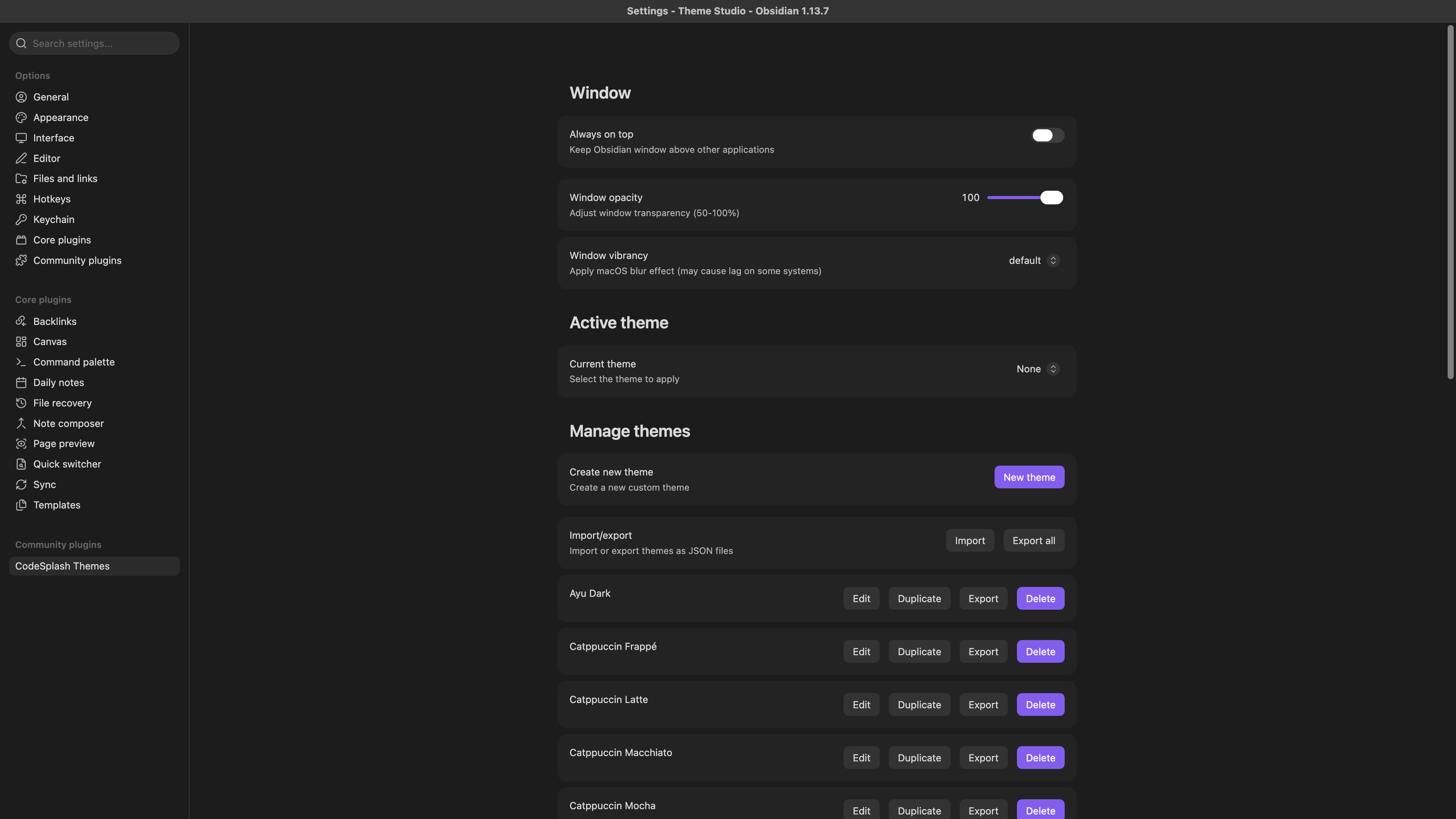 Choose and manage themes in the actual Obsidian settings in CodeSplash Themes for Obsidian
