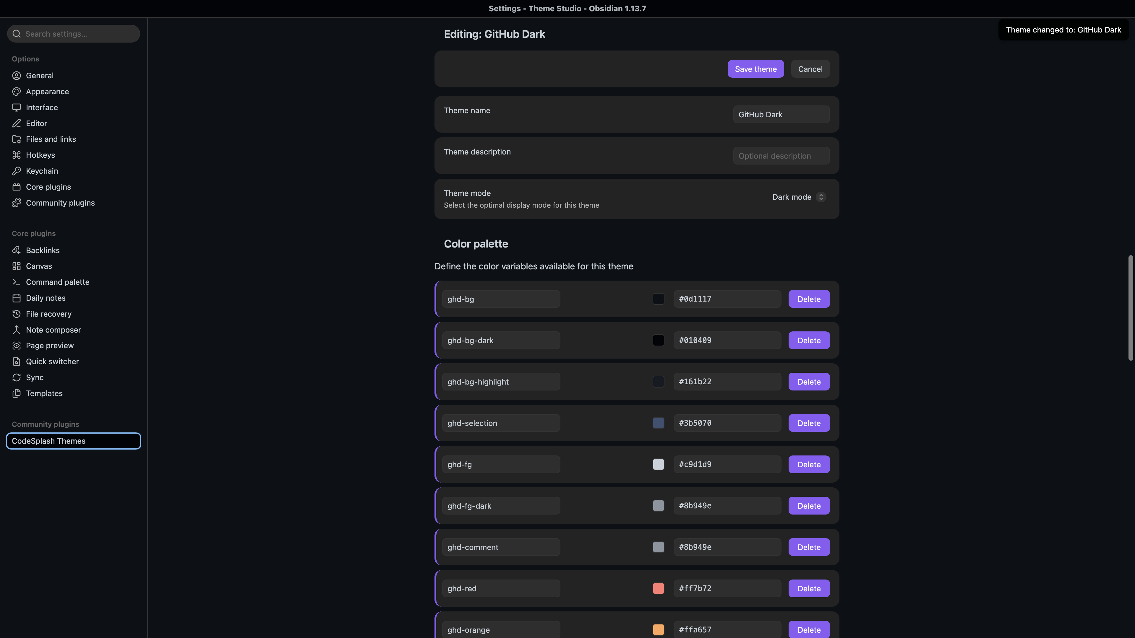 Edit the GitHub Dark color palette in the native theme editor in CodeSplash Themes for Obsidian