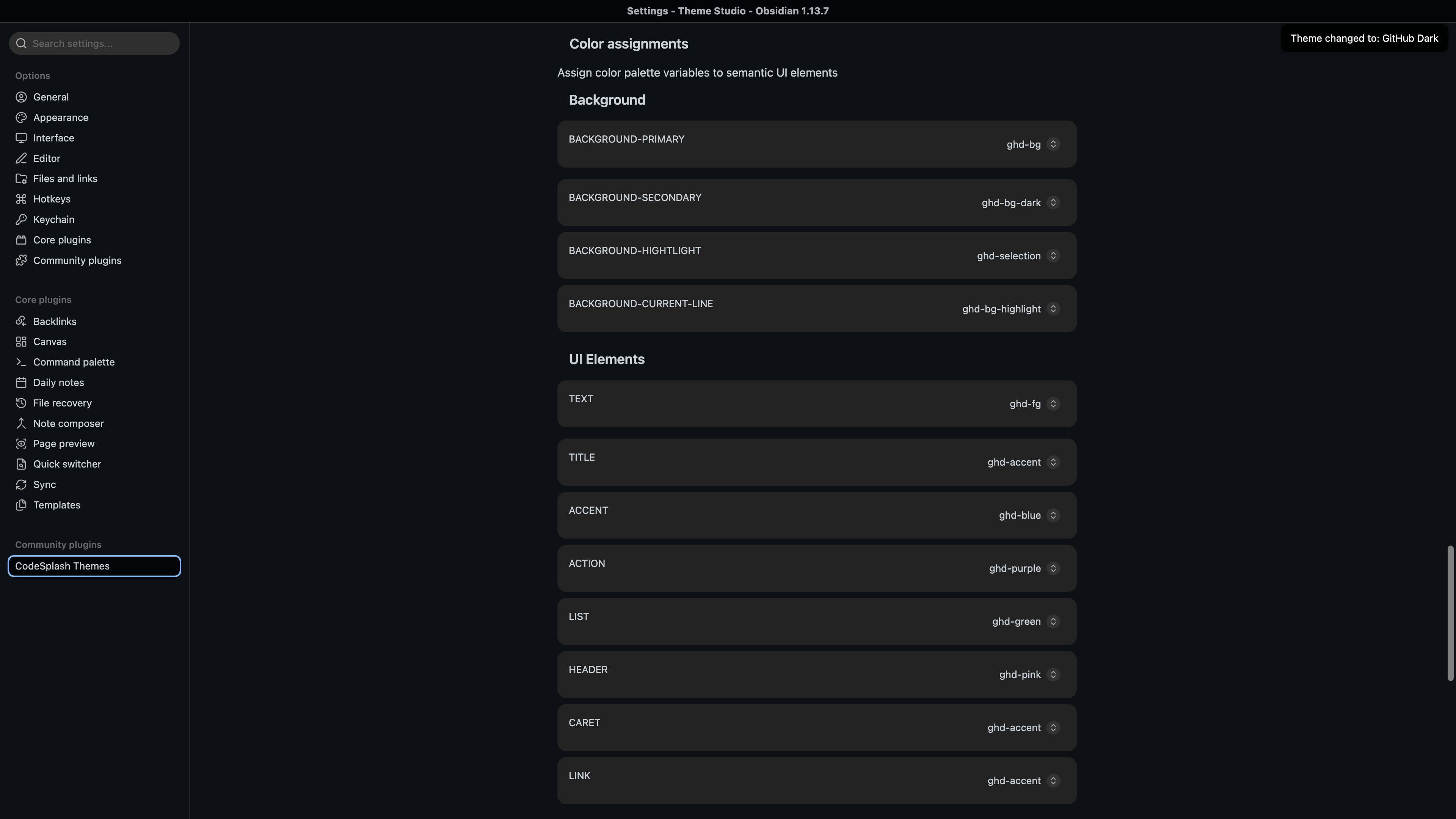 Assign palette colors to semantic interface elements in CodeSplash Themes for Obsidian