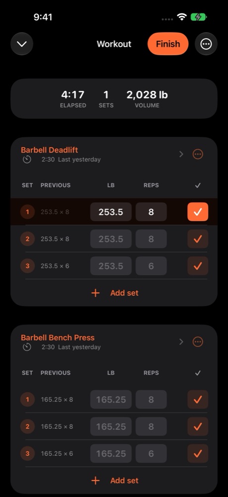 CodeSplash Gym active workout with previous sets beside each input