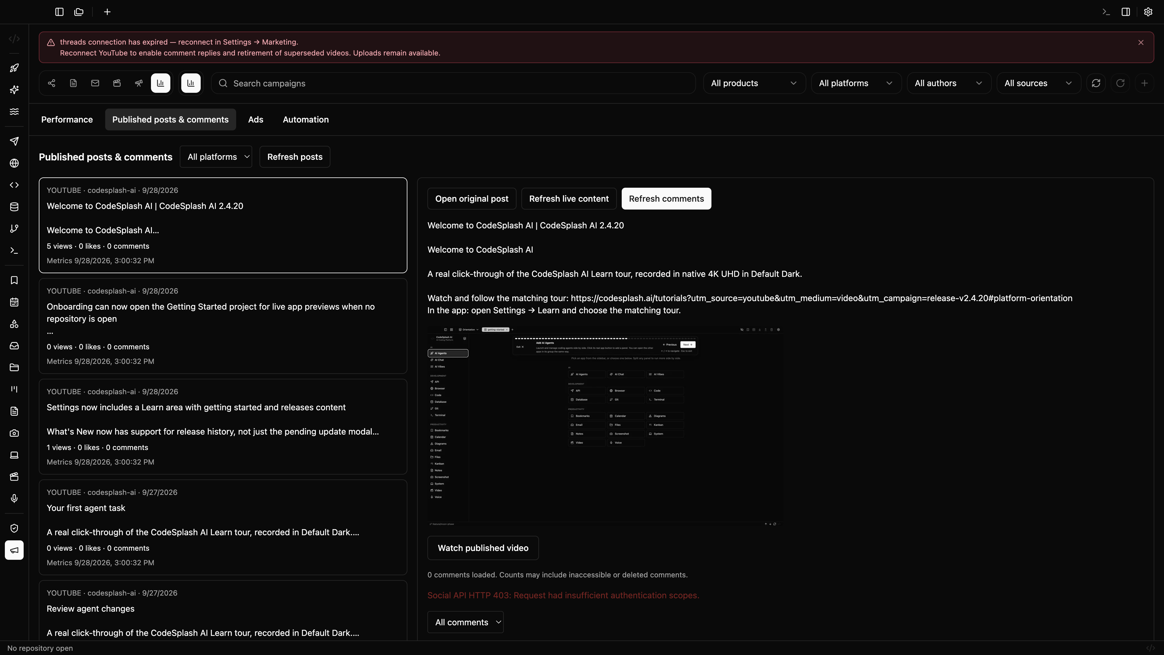 Live post preview and conversation