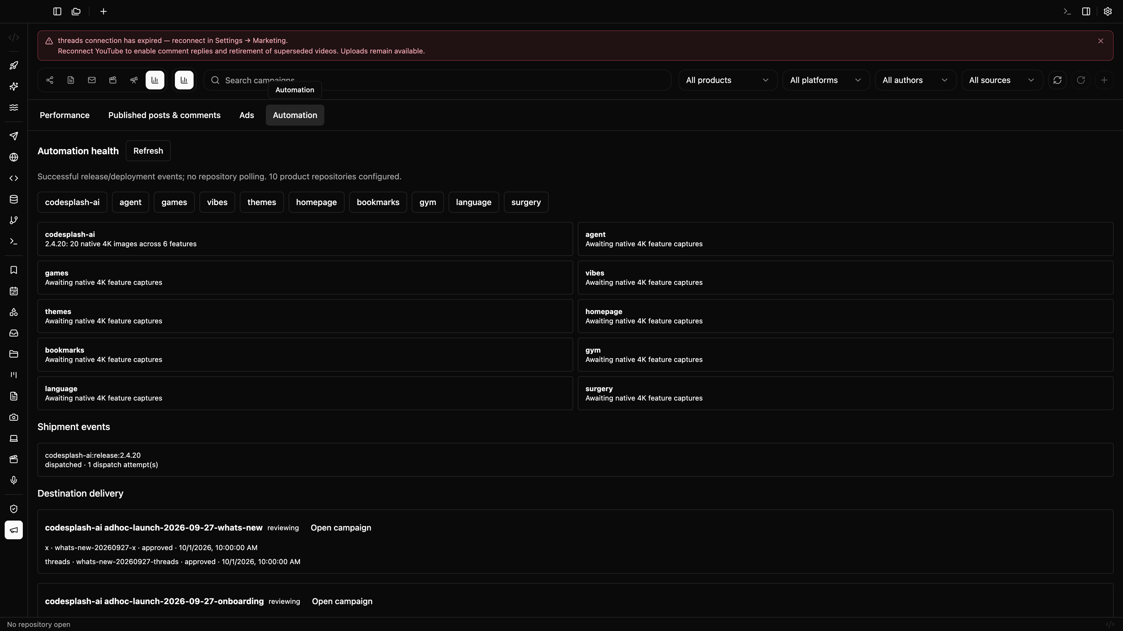 Release delivery and capture coverage across ten repositories