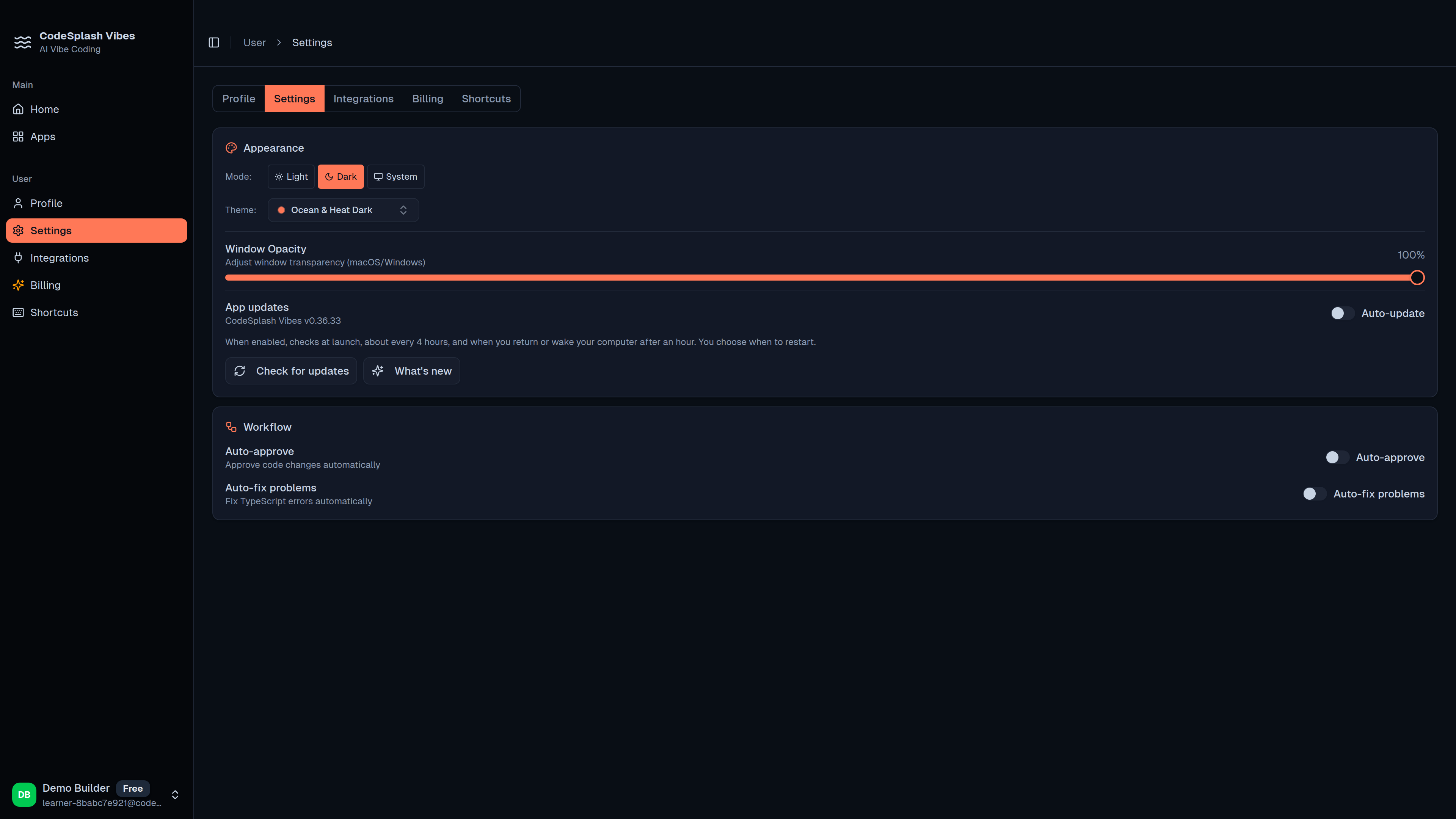 vibes: settings and update controls